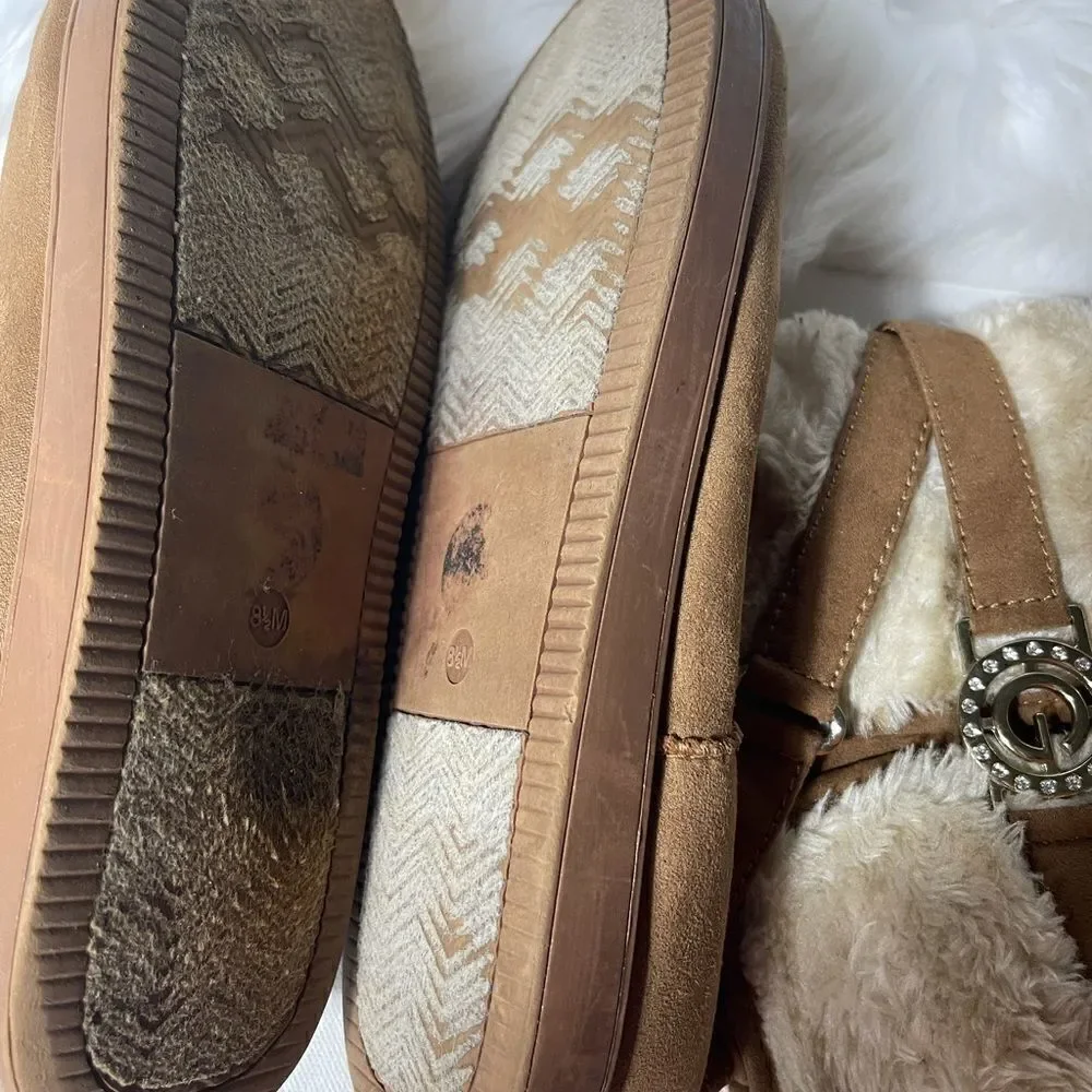 G by Gess tan suede faux fur ankle boots with side buckle slip on.